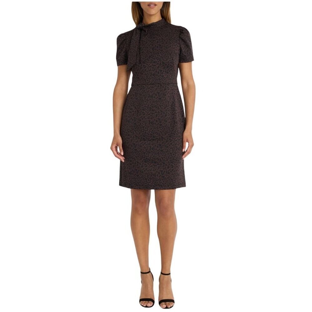 Maggy London Womens Brown Black High Neck Short Sleeve Sheath Dress Sz 16 New